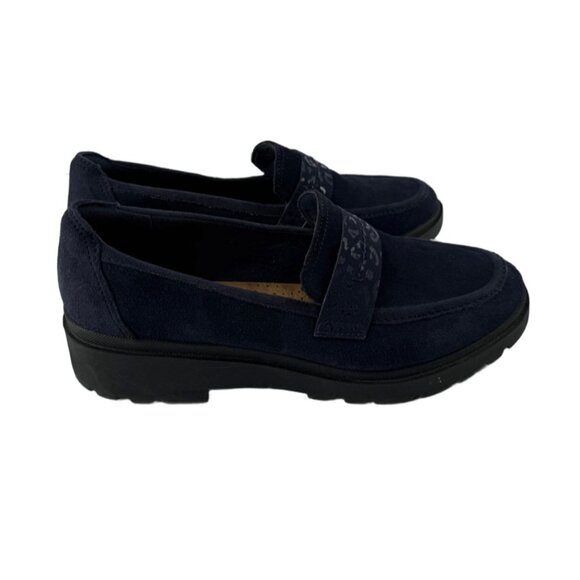 Clarks Collection Womens Platform Blue Suede Loafers Size 11 Wide Cheetah Band - Picture 1 of 6